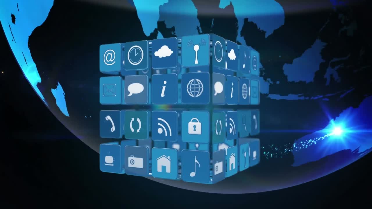 Animation of social media icons over globe