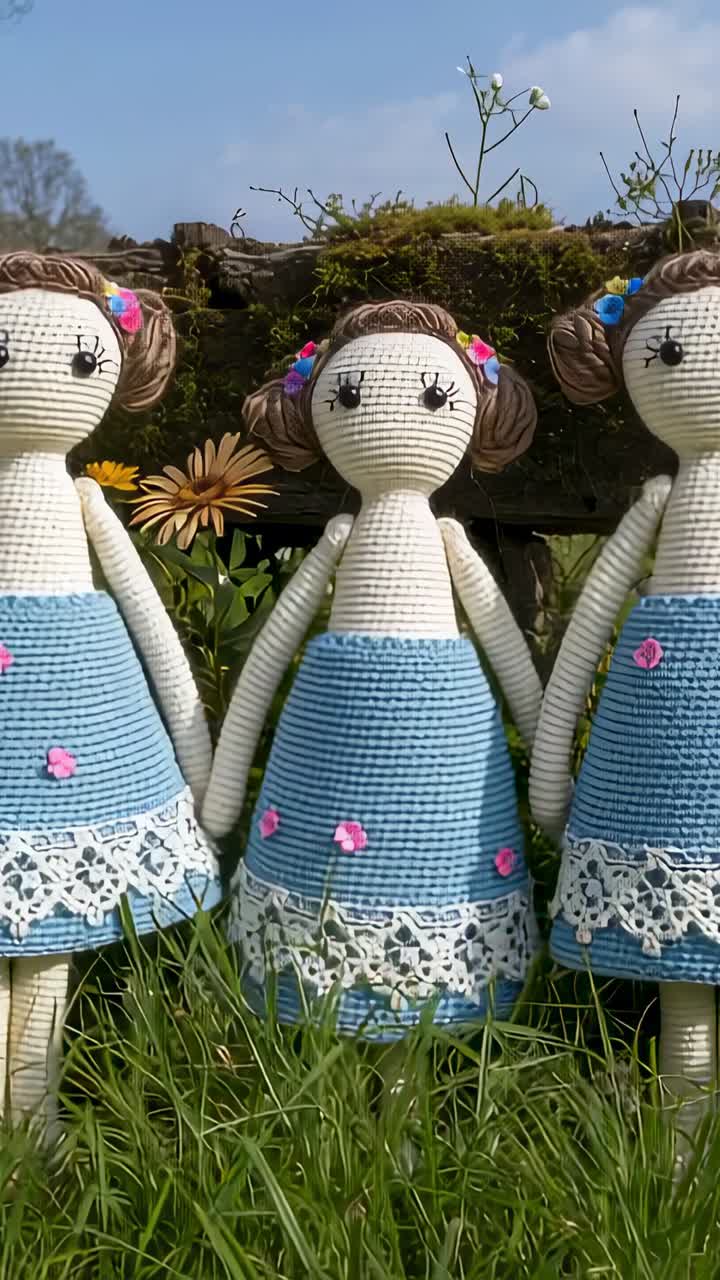 Vertical video: Opening tilt revealing three crochet dolls in blue dresses in grass with mossy log
