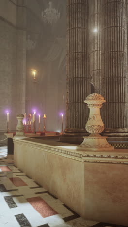 a dark and mysterious church interior with candles and stone columns