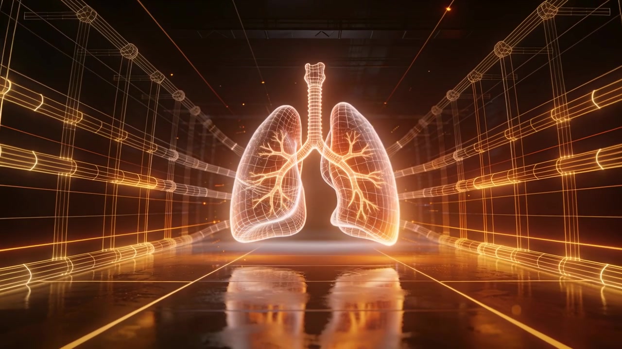 Ricevendo un segnale, un sistema anima polmoni olografici che pulsano in un corridoio buio, mostrando la trachea.