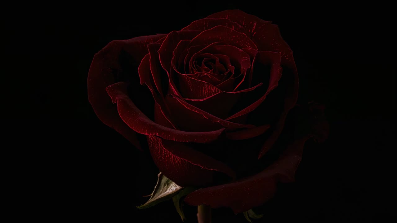 Luce da studio in movimento che accentua i petali su una rosa rosso scuro su sfondo nero, rivelando la texture dei sepali