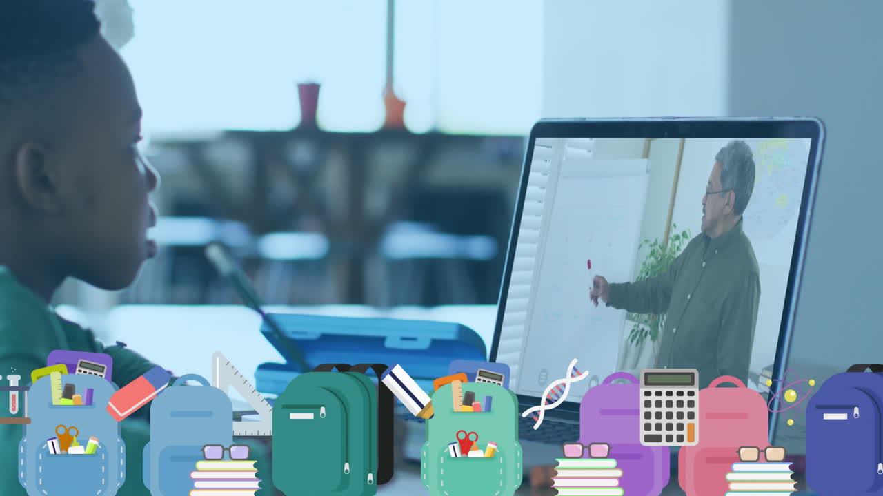 animación de iconos escolares sobre un escolar afroamericano haciendo una videollamada con el maestro