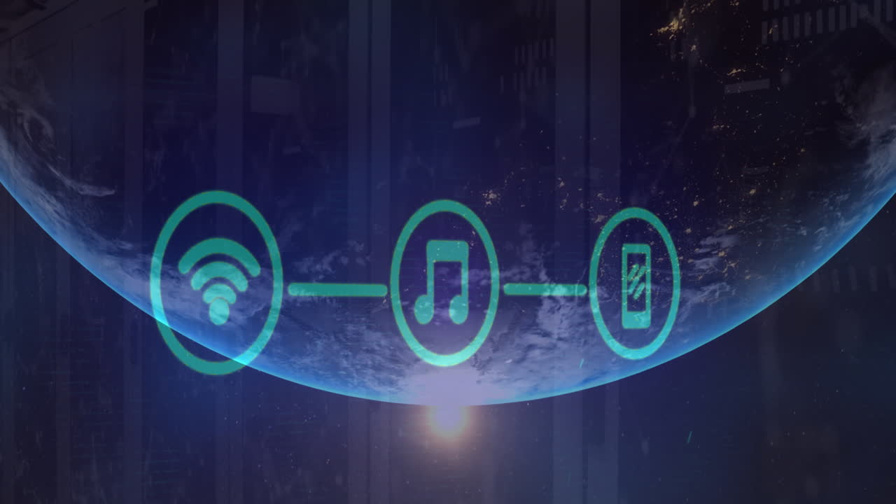 animación de la red de iconos digitales sobre el globo y punto de luz contra la sala del servidor de computadora