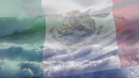 Digitale-Komposition-Der-Wehenden-Mexikanischen-Flagge-Gegen-Wellen-Im-Meer