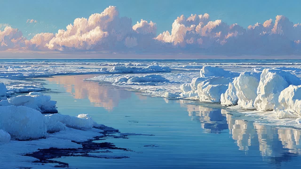 A serene winter landscape with glistening ice formations, reflective waters, and vibrant clouds creating a tranquil and picturesque scene of nature's beauty