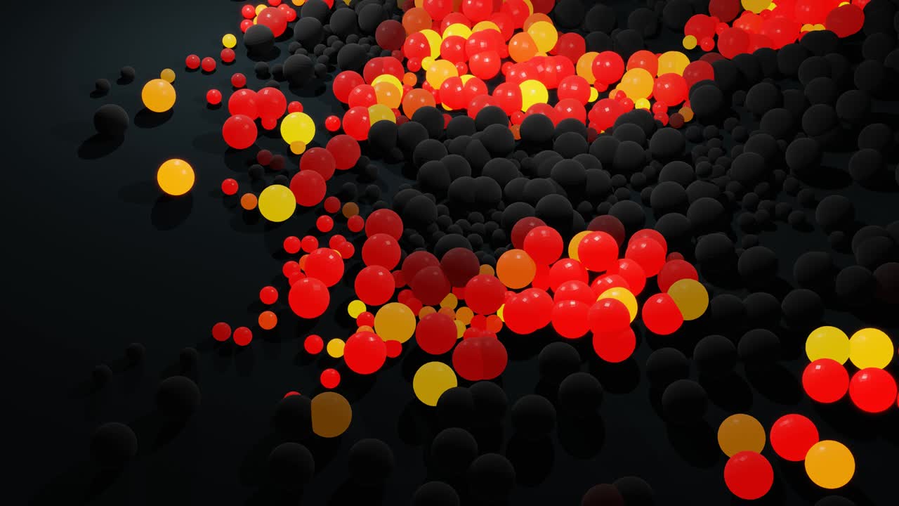 불은 추상적인 꽃받침과 같은 모양을 형성하기 시작합니다. 은 오렌지색 파도는 크리스마스 꽃걸이와 같은 공을 가로질러 달립니다. 많은 회색 구와 함께 3d 추상적인 루프 된 배경은 평면에 놓여 있습니다.