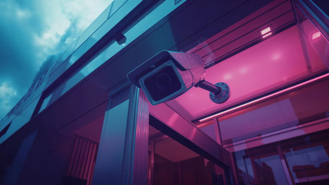 Vantage shifting, security camera monitoring entrance under canopy at store, reflecting magenta