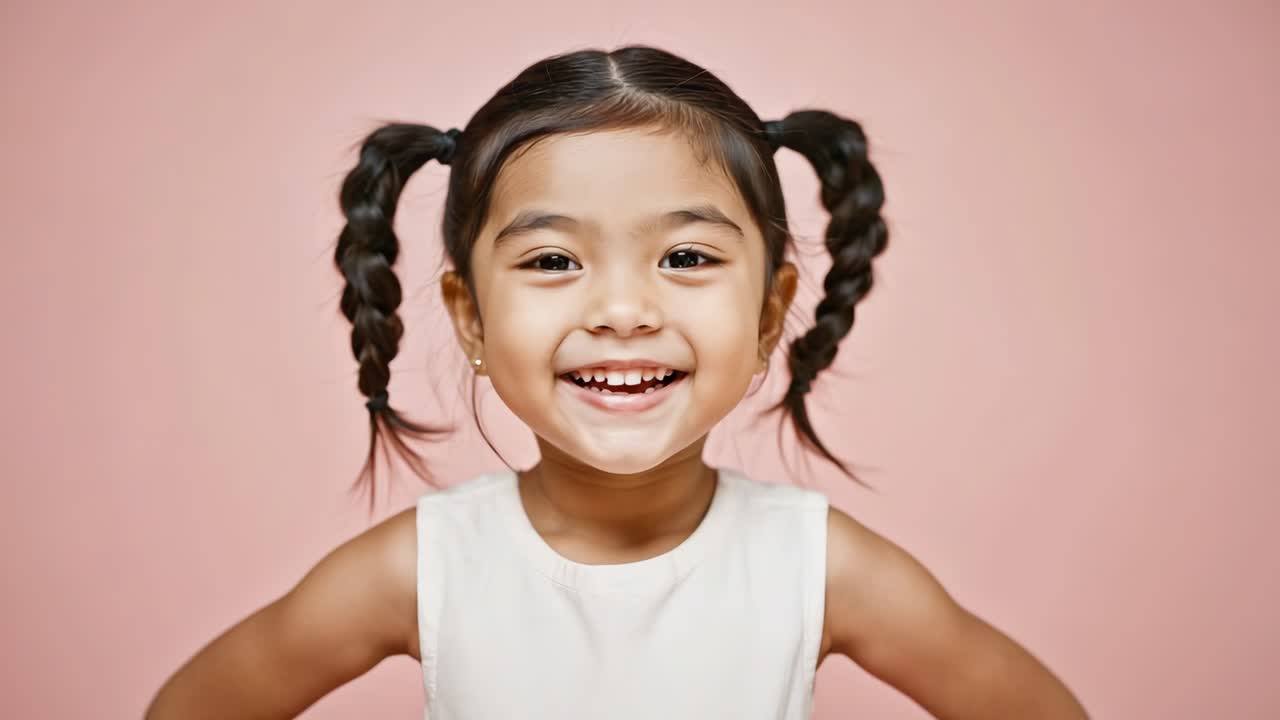 Cheerful young girl standing confidently with hands on hips, wearing white sleeveless dress and braids, smiling at camera against pink studio background