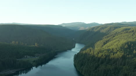 A-drone-shot-of-the-Clackamas-river-in-Oregon-during-sunrise