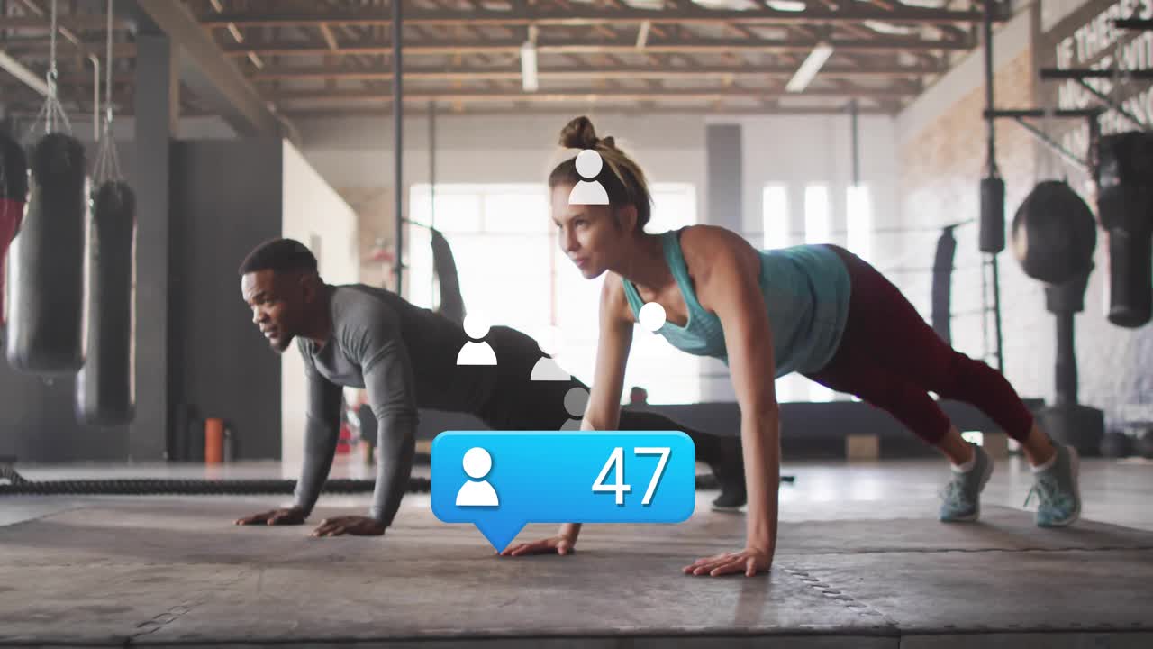 Training partners performing push-ups on fitness gym mats updating animated follower counter rising
