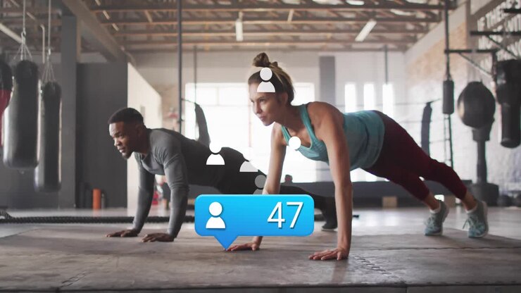 Training partners performing push-ups on fitness gym mats updating animated follower counter rising