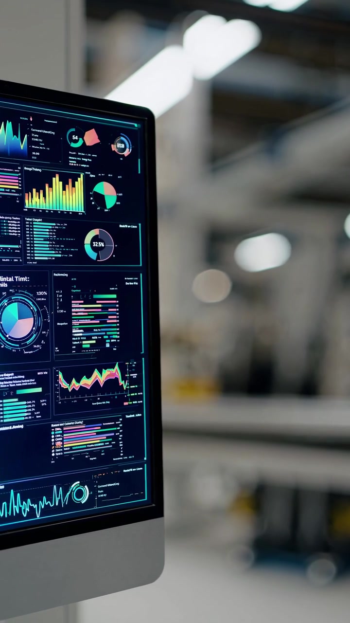 Computer Monitor Displaying Real-Time Industrial Data Analytics in Factory