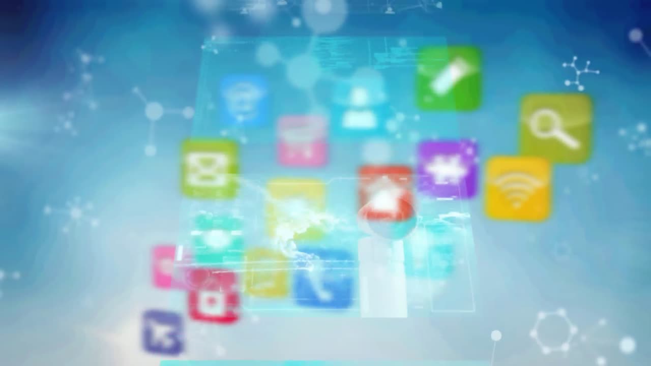 animación de iconos y red de conexiones a través de una pantalla digital