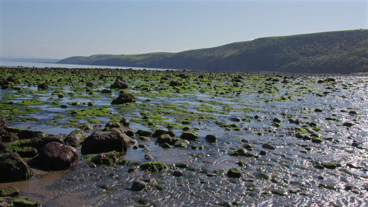 Extra wide Shot of the river Gido Rippling over rocks on the new quay beach at new quay bay