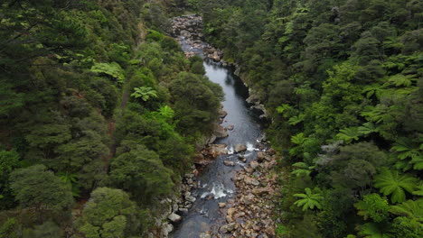 high-Drone-over-Rocky-River-Gorge-in-New-Zealand-with-trees-and-bushes-and-rocks