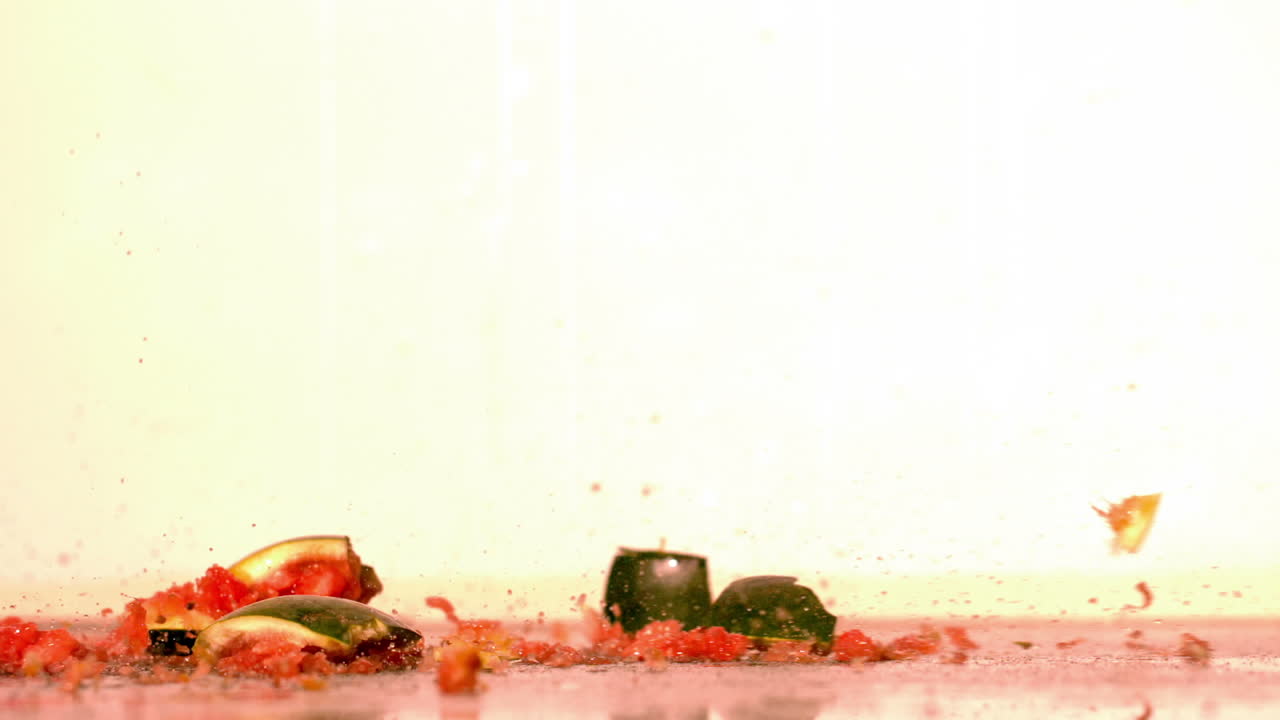 sandía cayendo a la superficie y rompiéndose