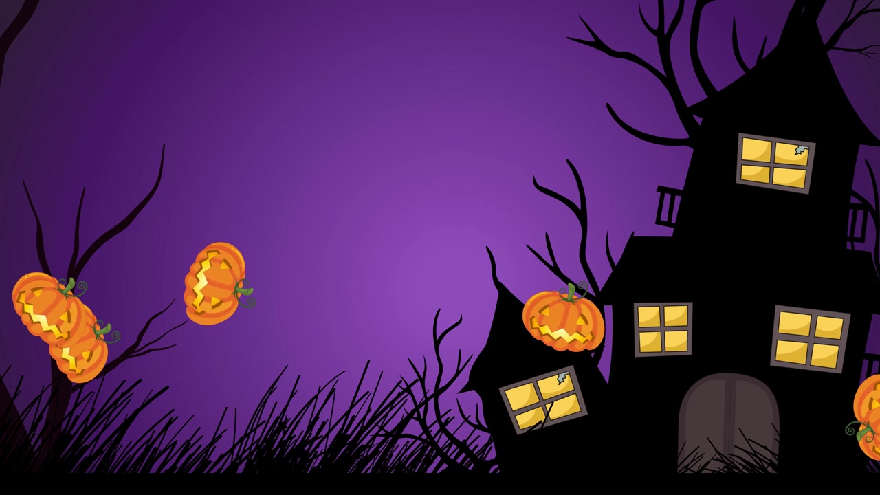 Scena animata di Halloween con zucche di Halloween fluttuanti e casa stregata