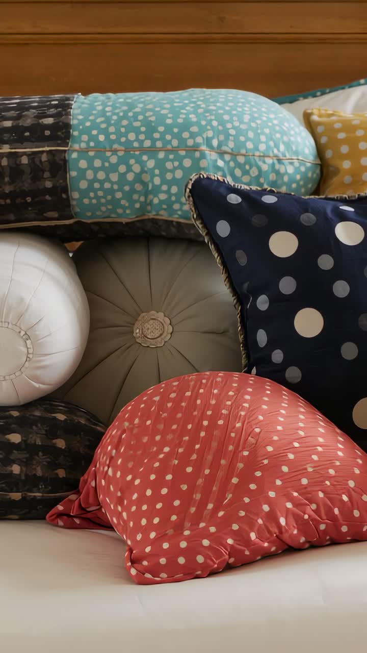 Vertical video: Panning camera revealing decorative pillows on sofa with red polka-dotted cushion