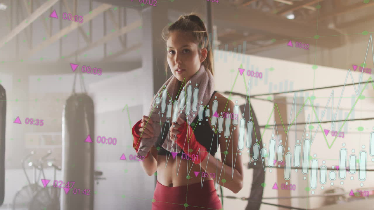 datos de fitness y métricas de rendimiento animación sobre mujer en el gimnasio con guantes de boxeo