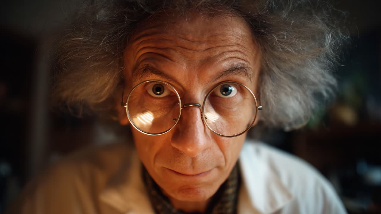 Curious Scientist with Wild Hair and Glasses Examining a Fascinating Experiment in a Dimly Lit Laboratory Setting, Captivating Attention with Intense Gaze