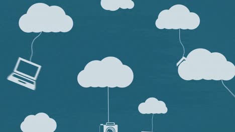 Animation-of-multiple-icons-hanging-with-clouds-against-blue-background