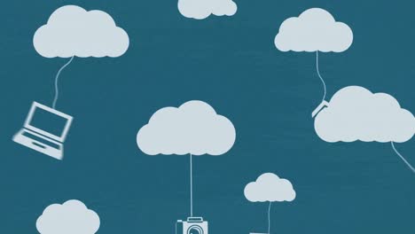 animation of multiple icons hanging with clouds against blue background