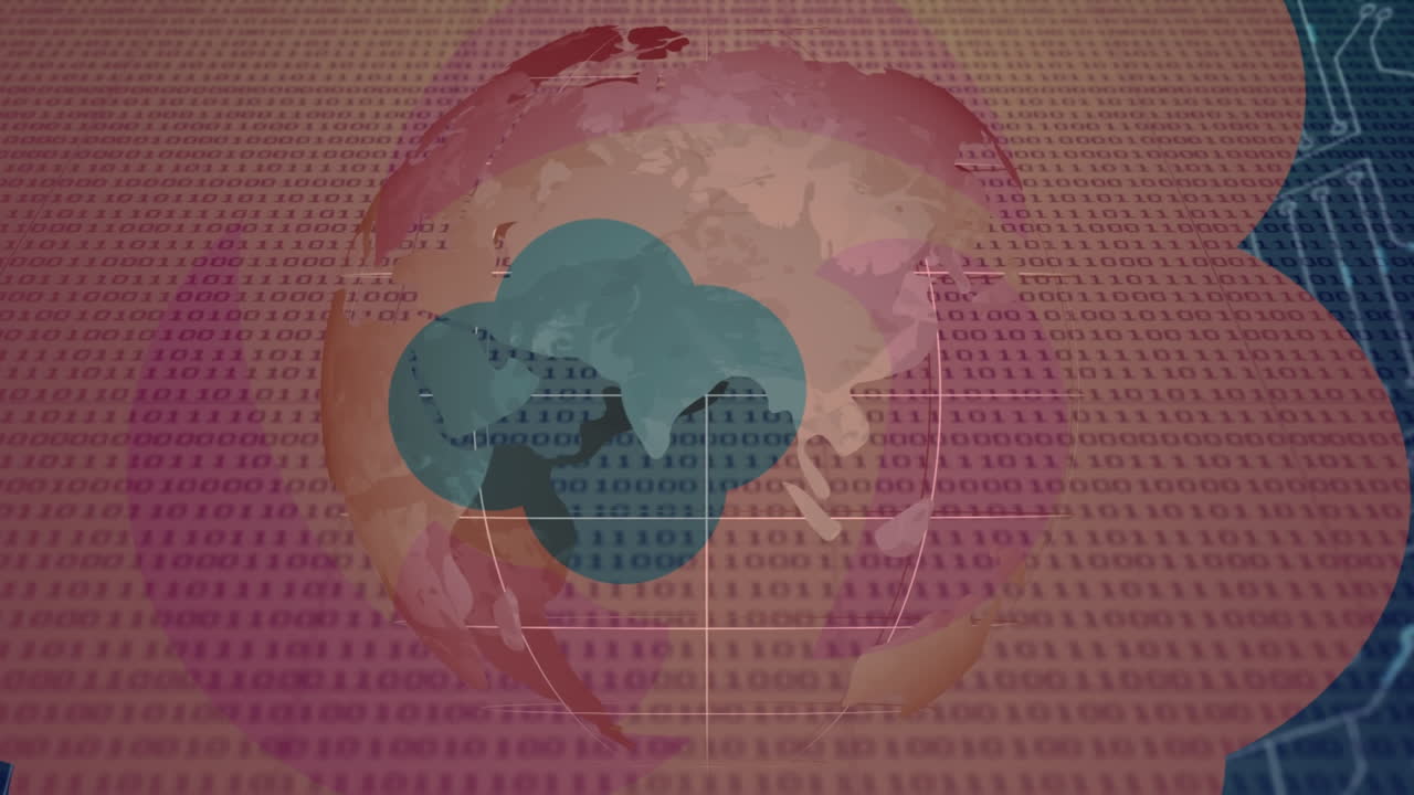 animación de procesamiento de datos y globo sobre formas y placa de circuitos informáticos