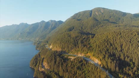 golden light on thick forest landscape along shore of horseshoe bay, bc