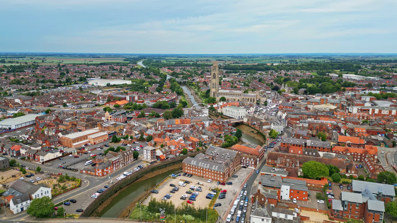 scenic beauty of Boston, Lincolnshire, in mesmerizing aerial drone footage: Port, ships, Saint Botolph Church , Saint Botolph's Bridge