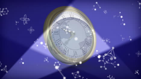animación de moléculas y globo sobre reloj en movimiento