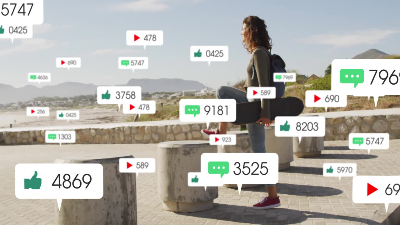 Woman holding longboard stepping onto bench on boardwalk, showcasing digital marketing icons