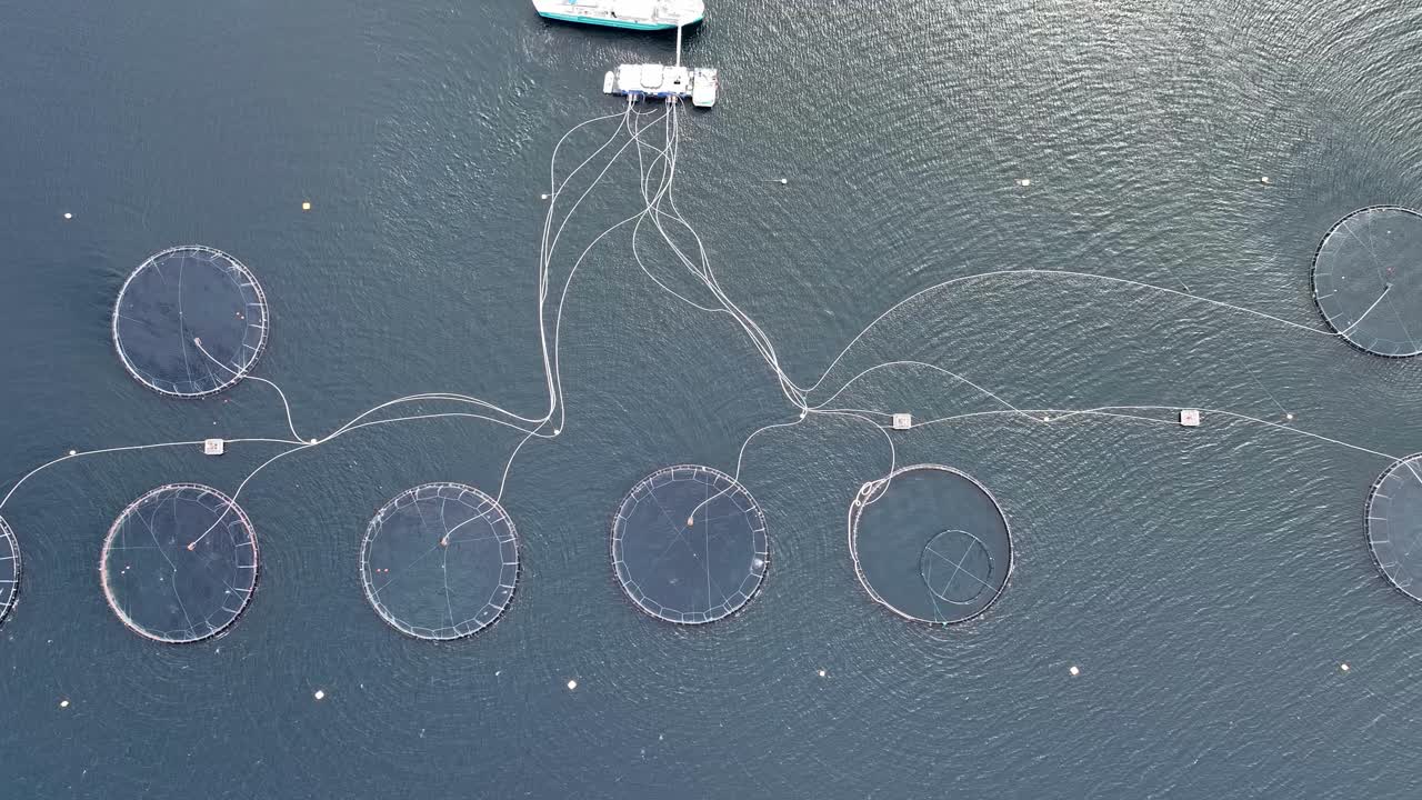 Bird's eye view over salmon farming operation in Norway