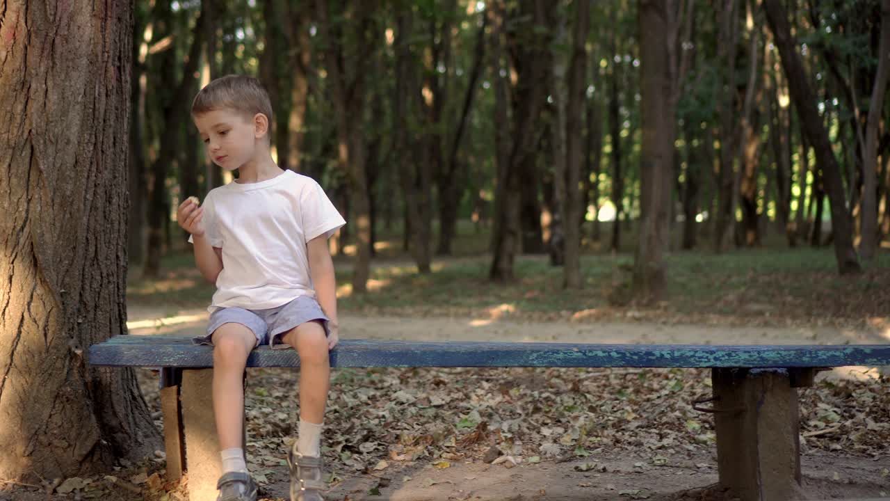 셔츠를 입은 소년이 쿠키를 먹는다.