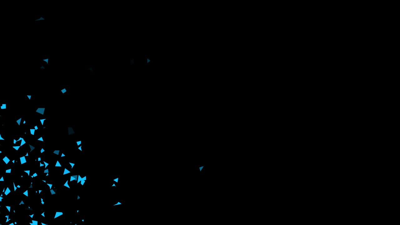 Abstract animation of blue geometric shards or confetti exploding from left side on black background. For parties, events, or intros
