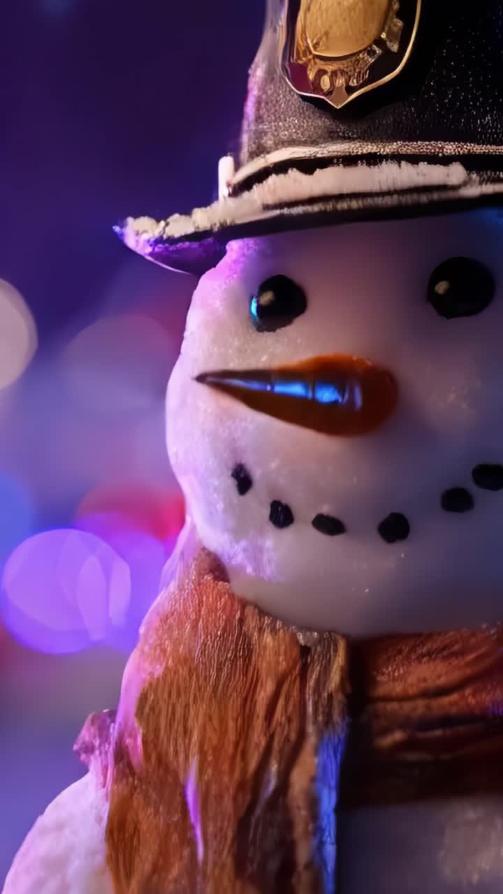 A whimsical snowman adorned with a police hat and scarf, exuding charm amidst a winter wonderland, creating a captivating holiday spirit scene captured in vibrant colors