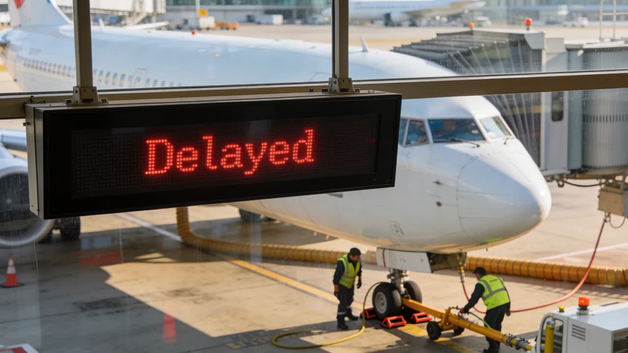 Un cartello LED che indica 'Ritardo' fa sì che l'equipaggio con giubbotti di sicurezza colleghi la barra di traino vicino a un aereo parcheggiato.