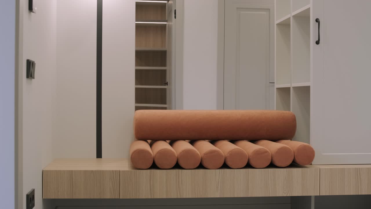 A modern home interior with an innovative cylindrical pillow on a wooden cabinet, ambient lighting, and elegant storage solutions