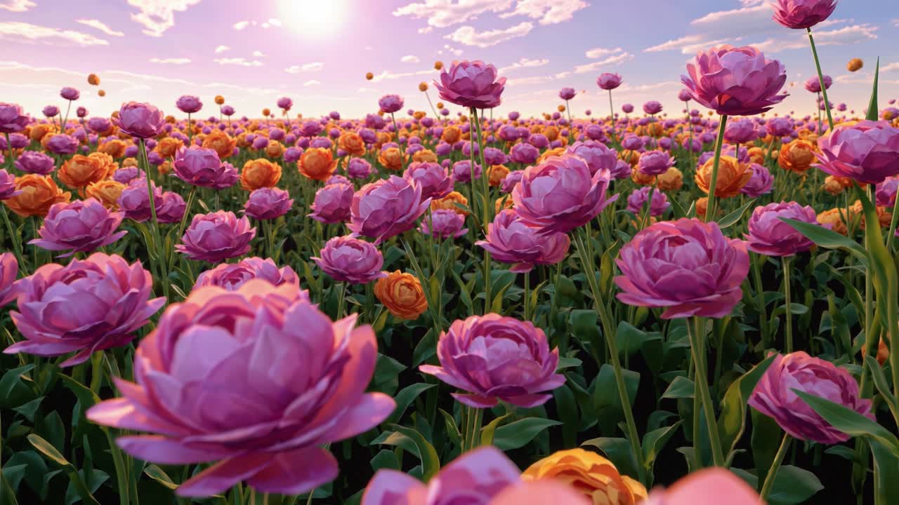 Un campo di fiori rosa e arancioni in fiore all'alba/al tramonto