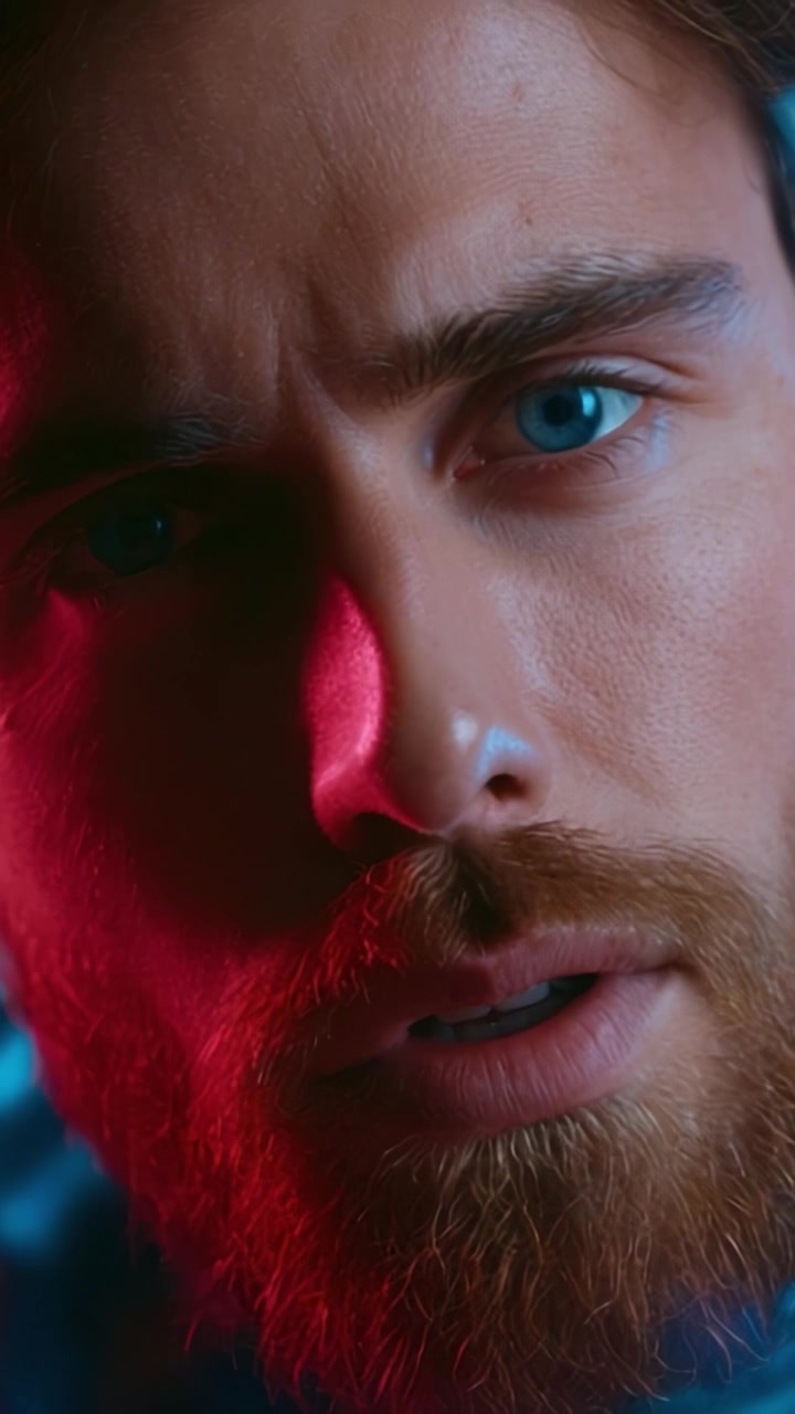 Ritratto ravvicinato intenso di un uomo con occhi azzurri penetranti e una barba ben curata, catturato con illuminazione drammatica e un sorprendente contrasto cromatico