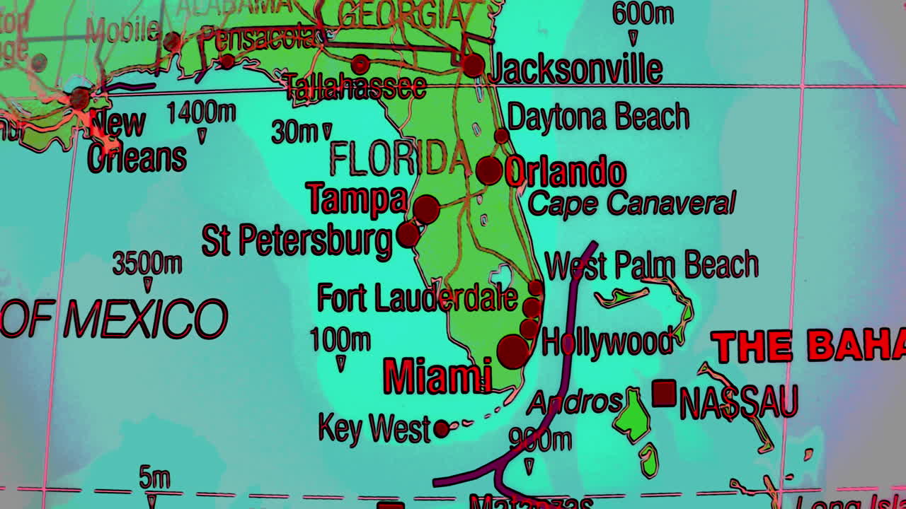A detailed map of Florida, the Gulf of Mexico, and the Bahamas, highlighting major cities and ocean depths