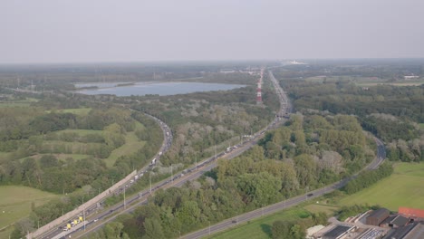 highway road with driving vehicles, high angle panoramic view