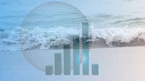 Combining digital transparent wireframe sphere with vertical bar chart overlaying sandy beach shore