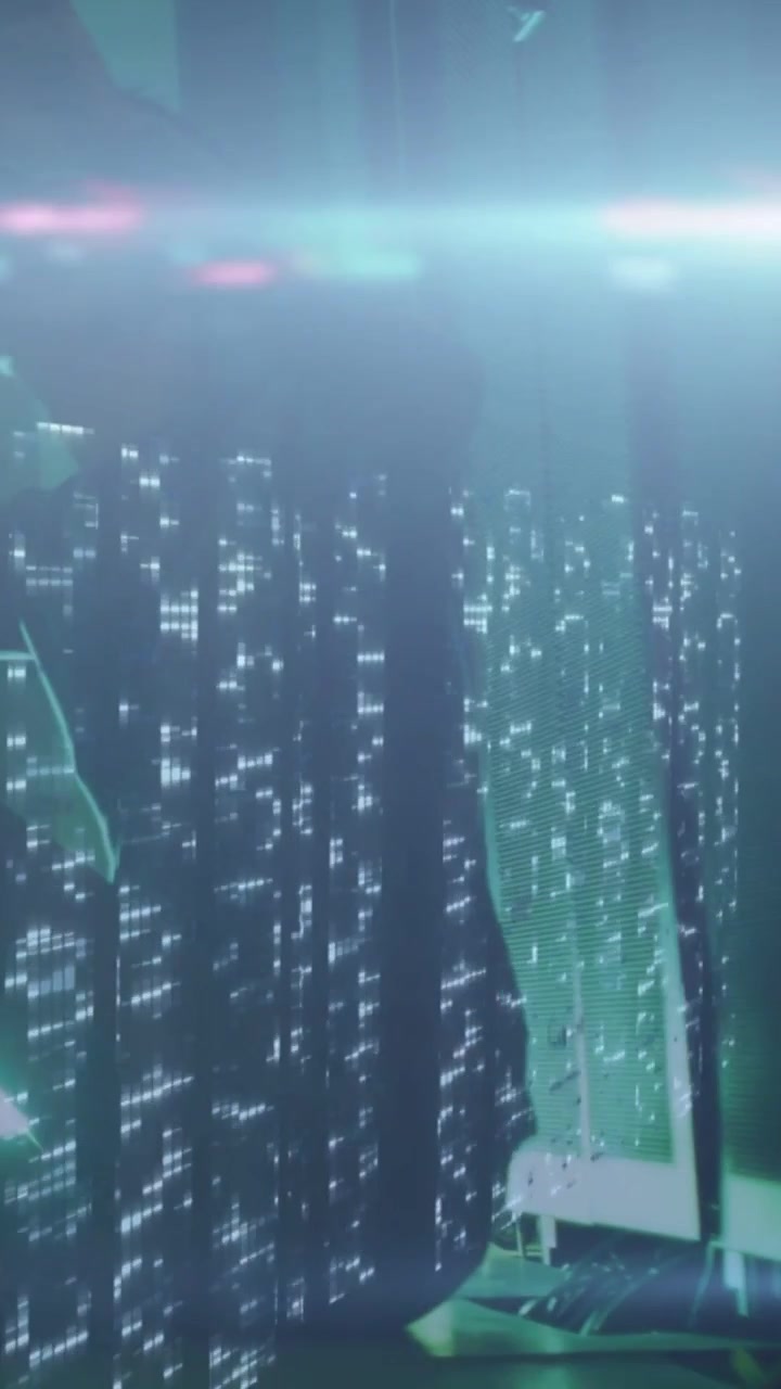 Vertical video: Mature man entering left, pausing beside LED tech panels, pulsing dots lighting man