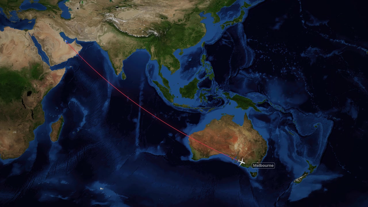 Global Flight Path Animation from Doha, Qatar to Melbourne, Australia