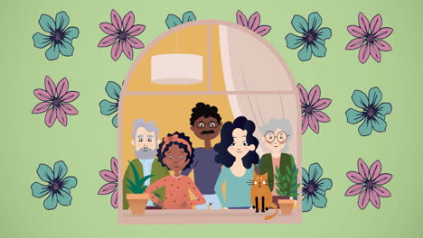 animation of happy family embracing on green background