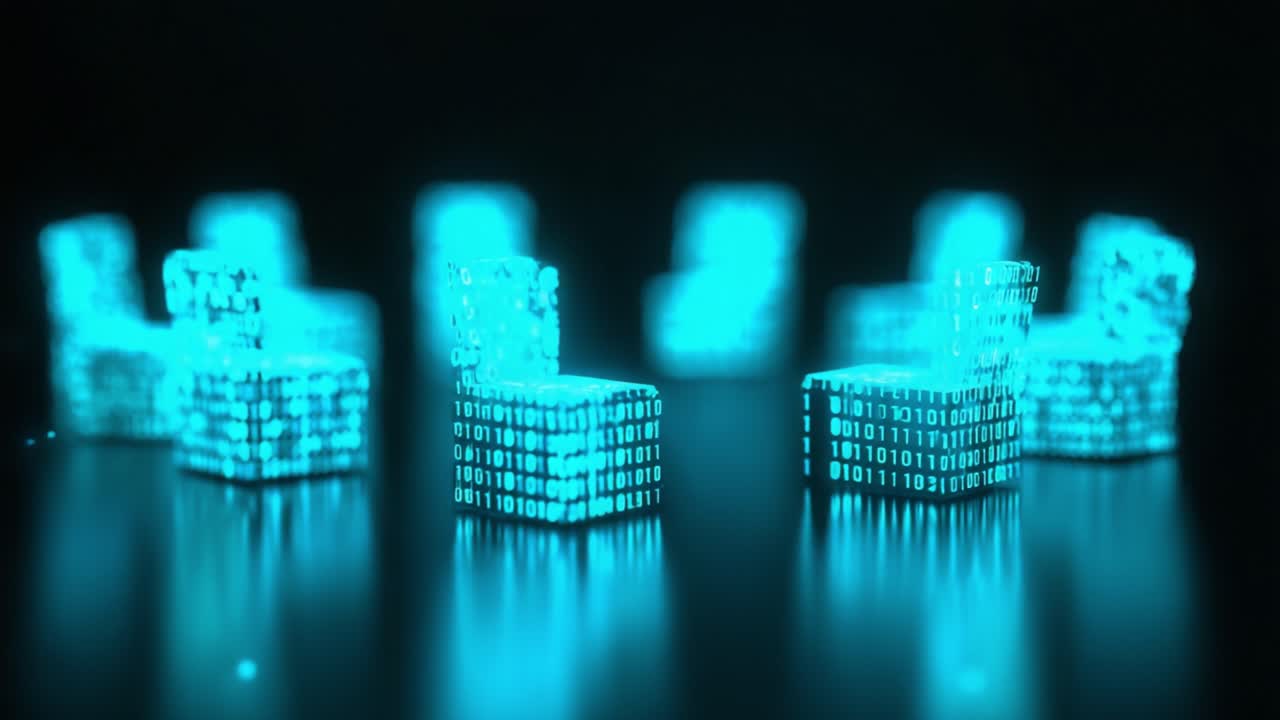 A Futuristic Digital Meeting Space Represented by Glowing Binary Data Cube Chairs in an Abstract Setting, Emphasizing the Intersection of Technology, Communication, and Innovation in a Virtual Environment