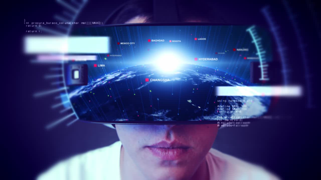 un joven guapo que usa auriculares vr y experimenta la realidad virtual.