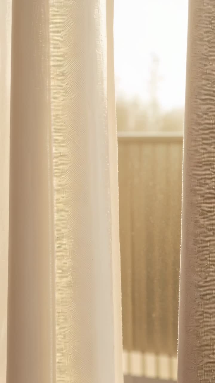 Vertical video: Breeze nudging beige curtains swaying, showing balcony railing through window slit