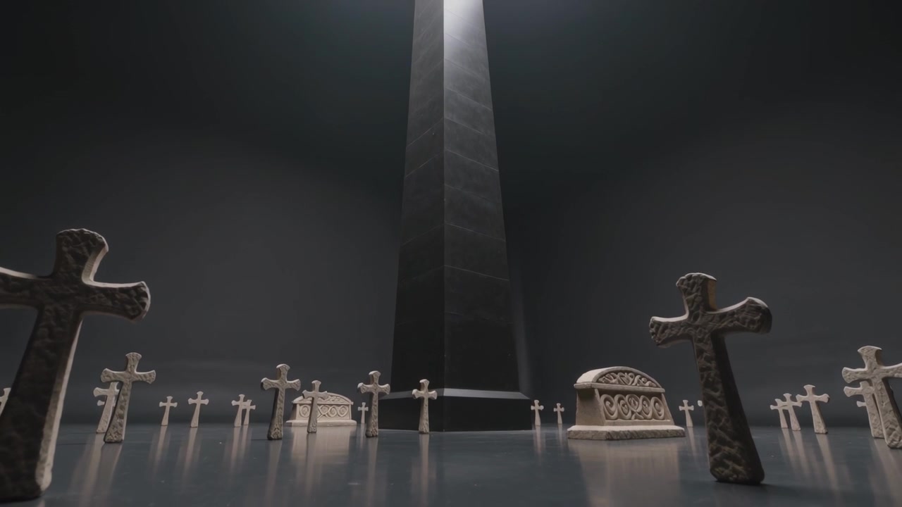 Vippende kamera viser en obelisk, der stiger op i en krypt mod en krydsåbning, fanger en lysstråle og oplyser kors.