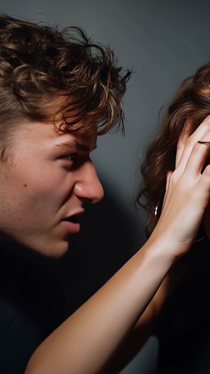 Young woman reacts with distress. Man's hand touches her head gently. Her expression conveys emotional pain. The mood feels intimate and vulnerable. Ideal for scenes of emotional conflict or care
